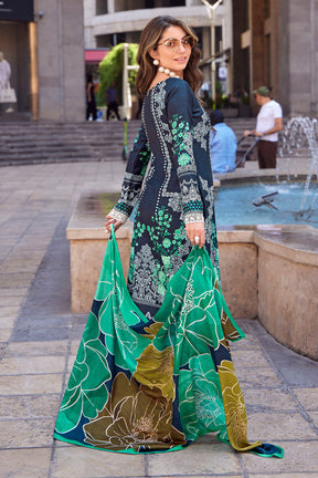 Midnight Indigo & Seagreen Color Spun Printed Unstitched Suit Fabric