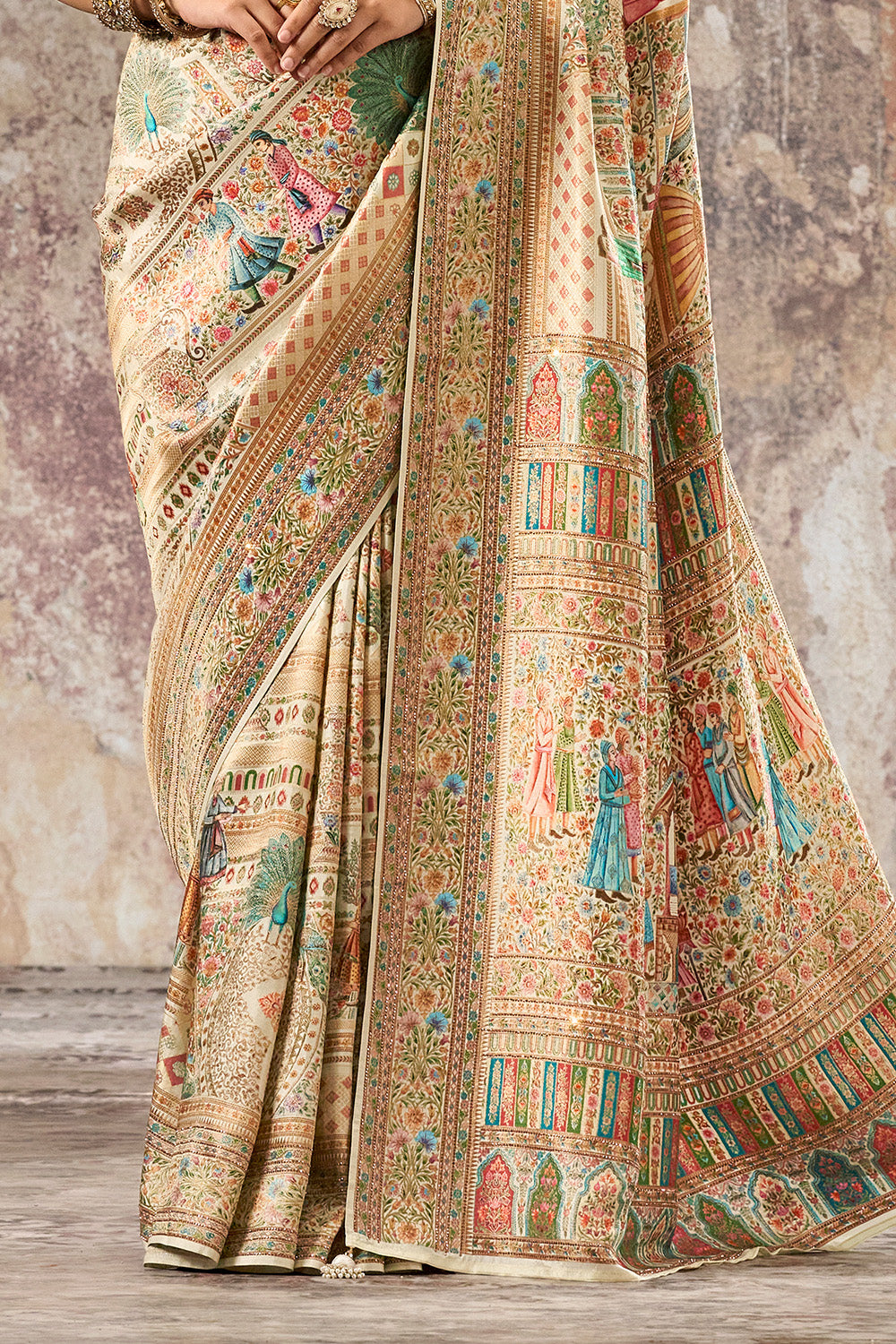 Cream Color Position Print Woven Silk Saree With Swarovski Work