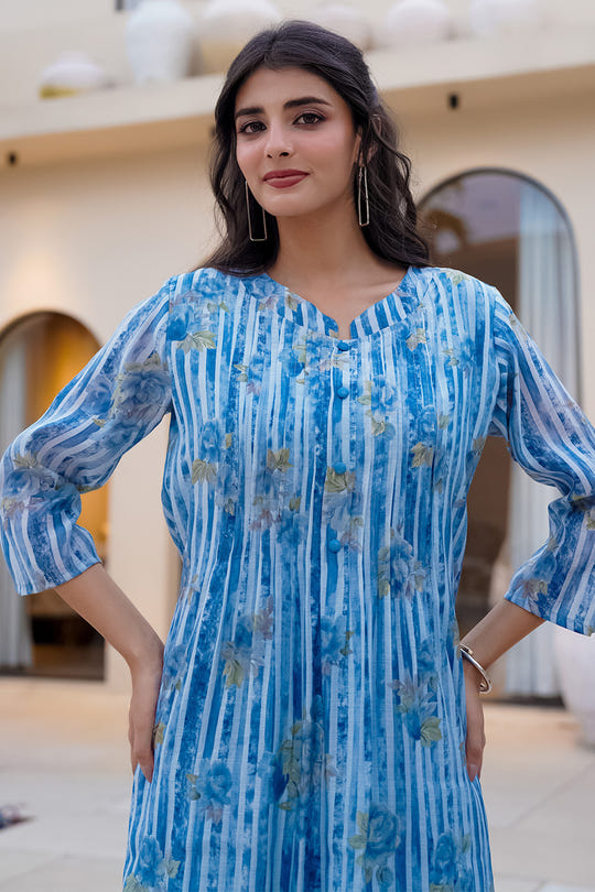 Blue Floral Printed Muslin Kurta Set