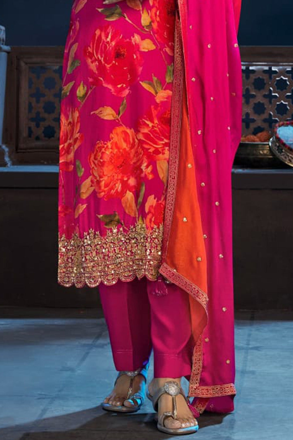 Fuchsia Pink Color Silk Floral Printed & Embroidered Suit