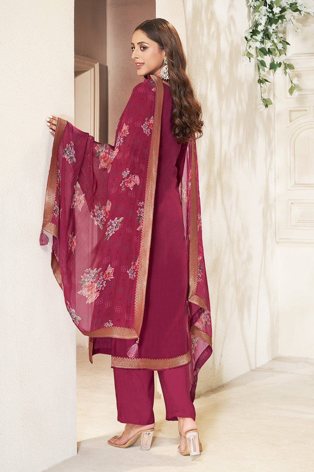 Maroon Color Silk Woven Straight Suit