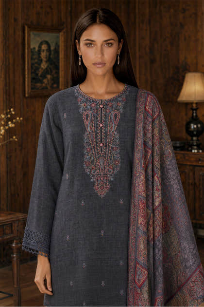 Grey Matka Silk Embroidered Unstitched Suit Material