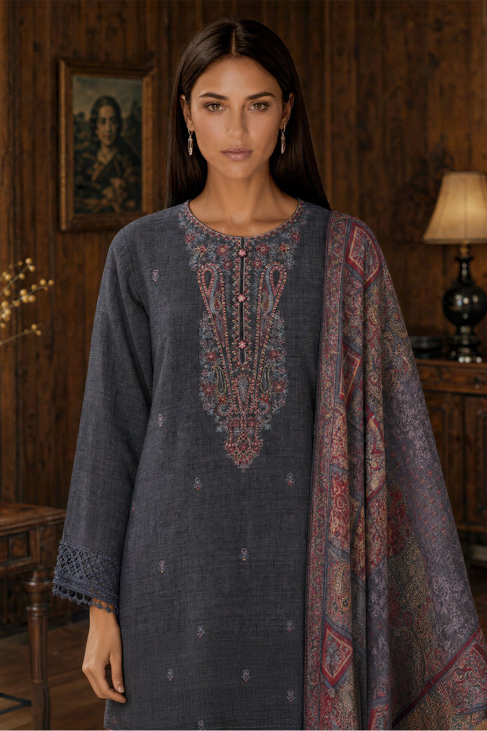 Grey Matka Silk Embroidered Unstitched Suit Material