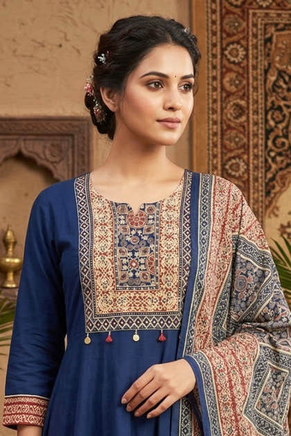 Navy Neck-Printed Cotton Anarkali Suit