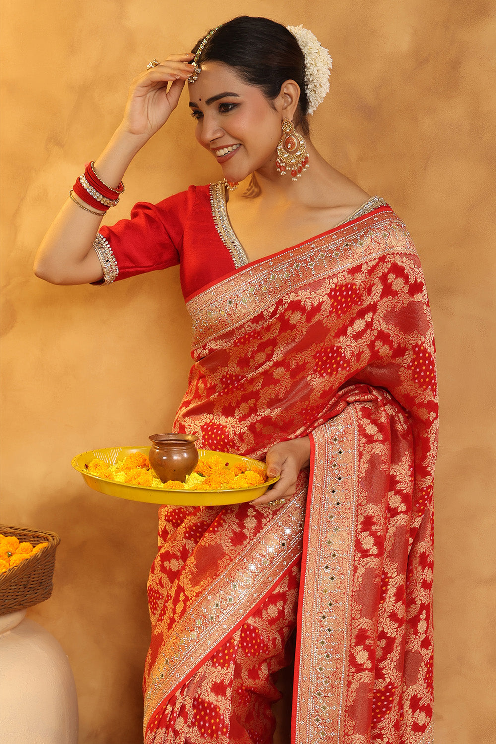 Red Color Khhadi Georgette Woven Saree