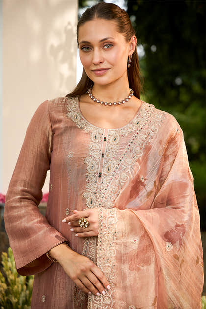 Light Peach Cut-Dana & Zari Emboidered Tissue Unstitched Suit Material