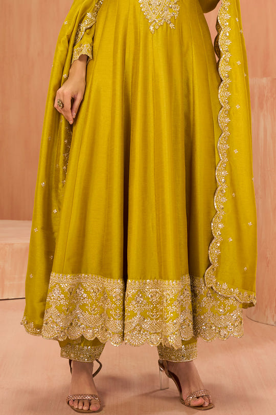 Mustard Crepe Silk Zari and Sequins Embroidered Anarkali Suit
