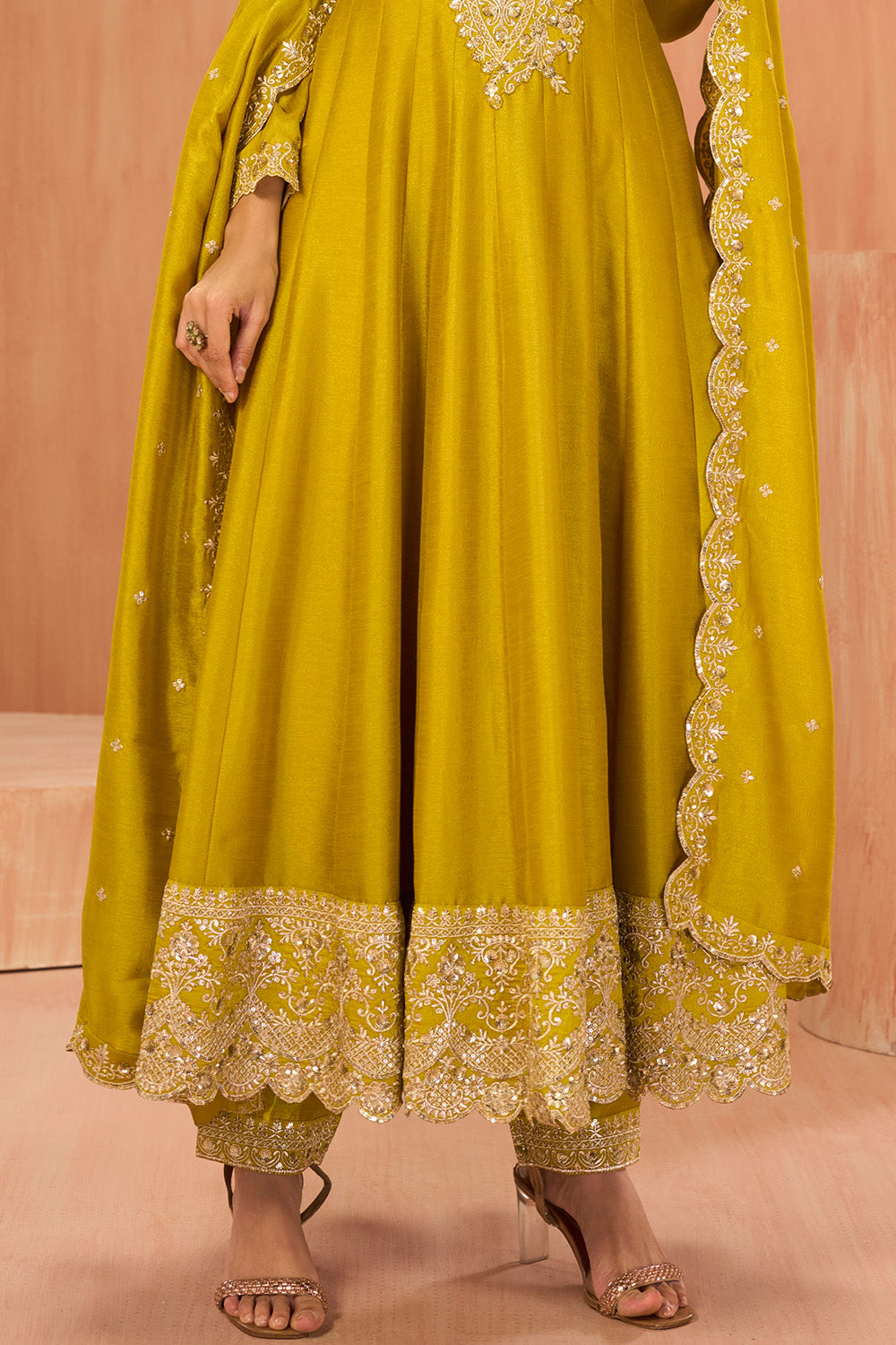 Mustard Crepe Silk Zari and Sequins Embroidered Anarkali Suit