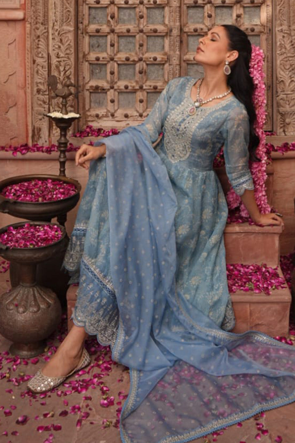 Cerulean Blue Color Organza Floral Printed Anarkali Suit Set