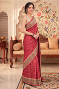Deep Cherry Tussar Silk Printed And Zari Taar Woven Saree