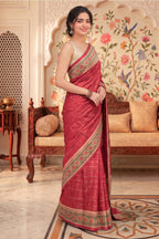 Deep Cherry Tussar Silk Printed And Zari Taar Woven Saree