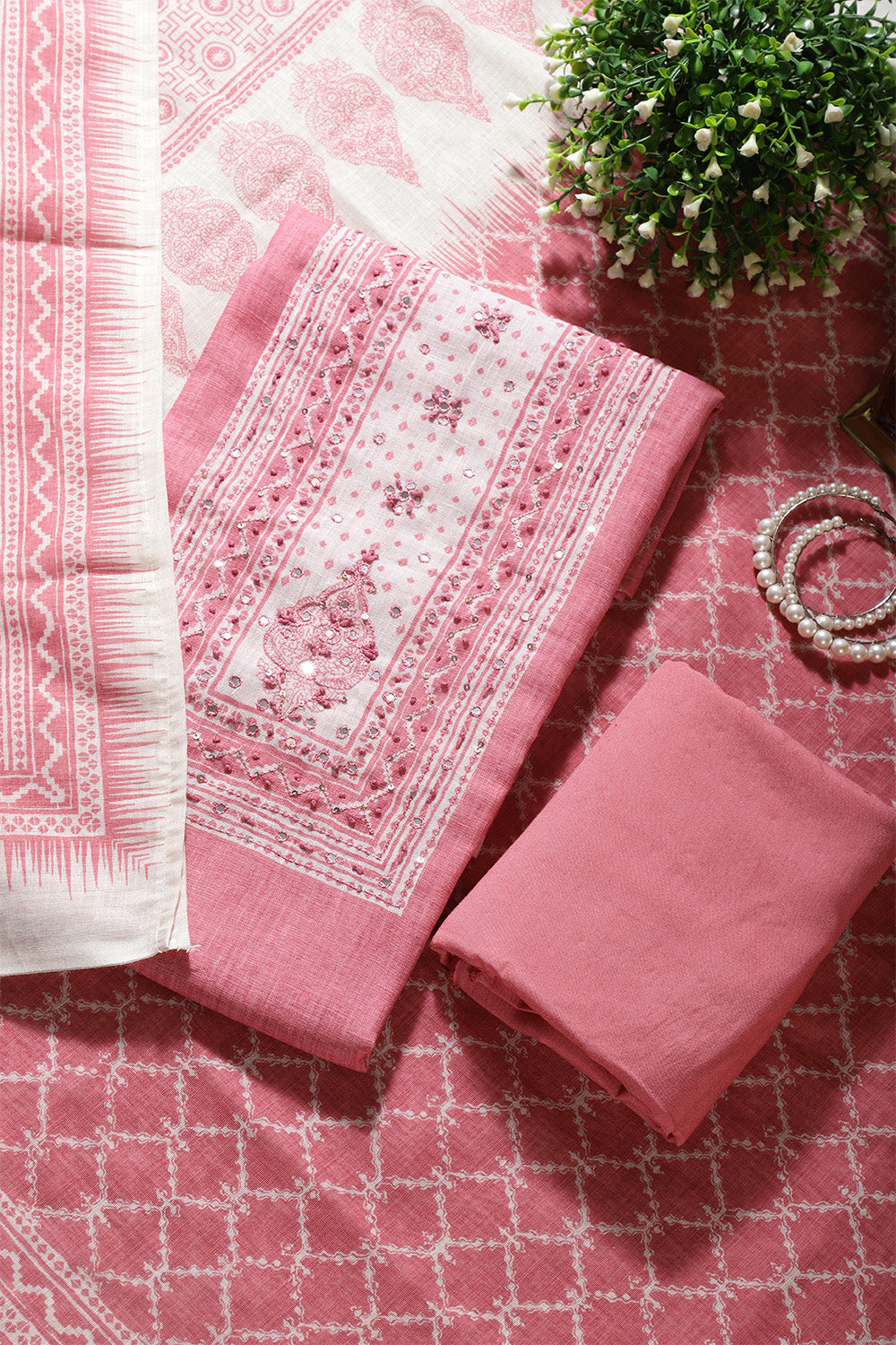Dusty Pink Color Printed Linen Cotton Unstitched Suits