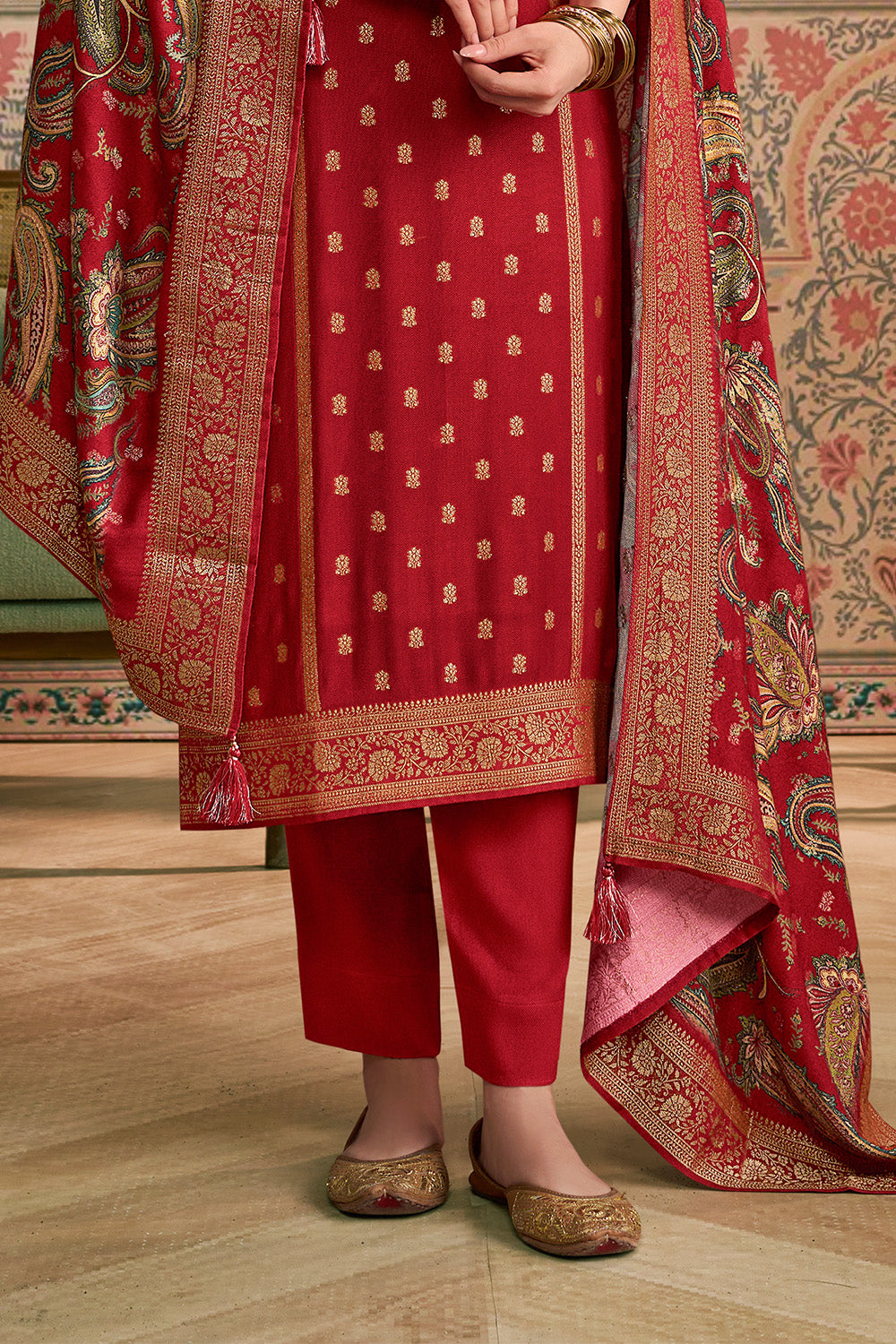 Maroon Color Pashmina Woven Unstitched Suit Material