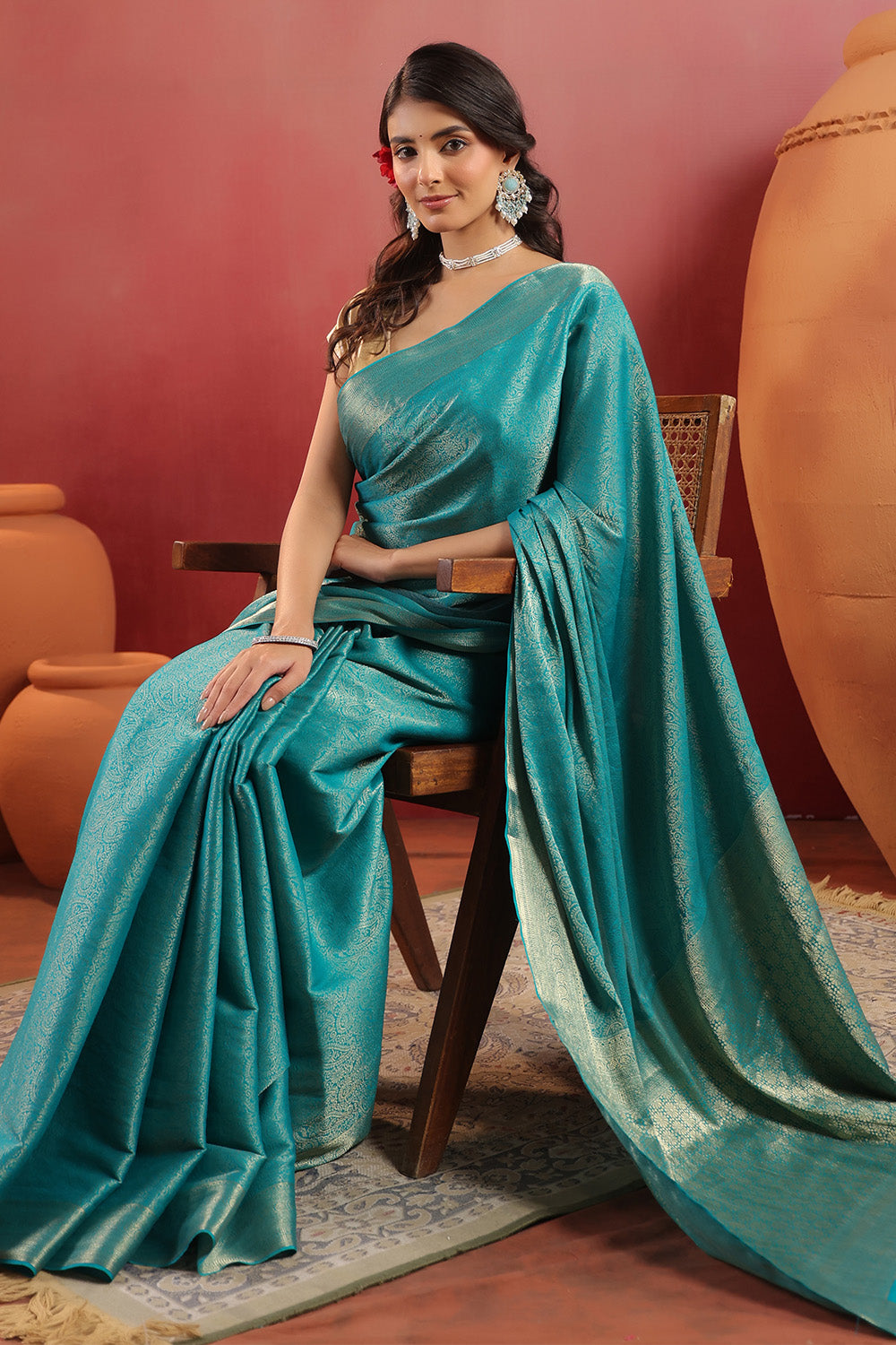 Teal Color Zari Woven Soft Silk Saree