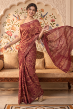 Red And Beige Cotton Printed And Woven Border Saree