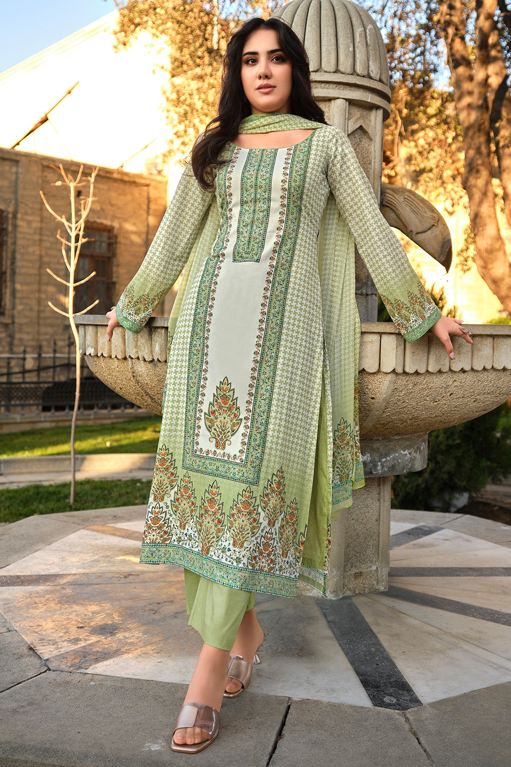 Pista Green Color Cotton Digital Printed Unstitched Suit Material