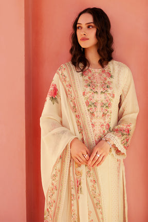 Cream Color Organza Floral Printed Unstitched Suit Fabric