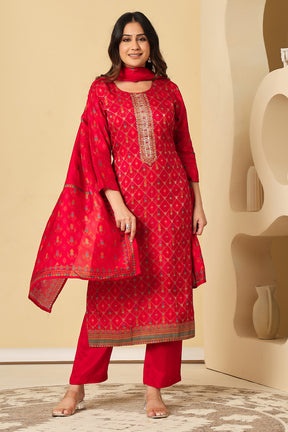 Maroon Silk Resham Woven Suit Set