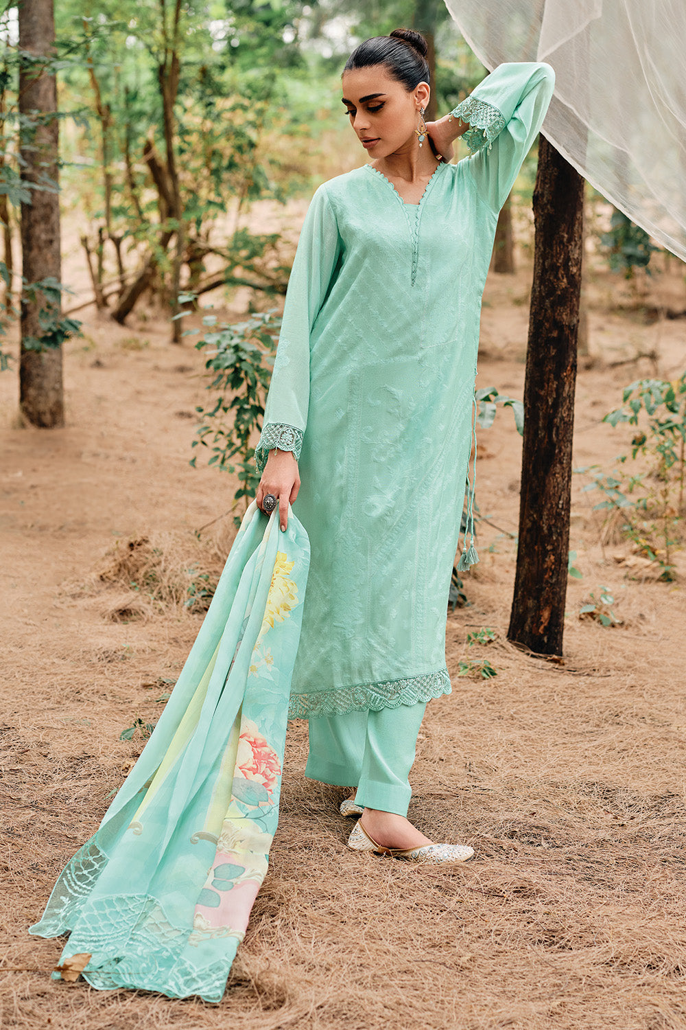 Turquoise Color Muslin Cotton Resham Woven Unstitched Suit Material