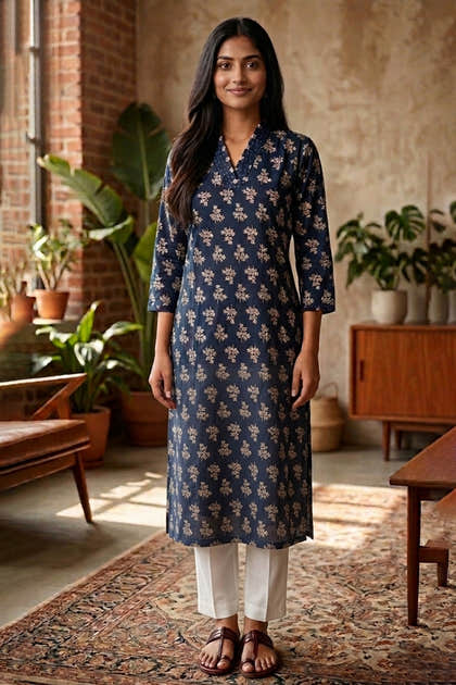Navy Floral Printed Cotton Kurta