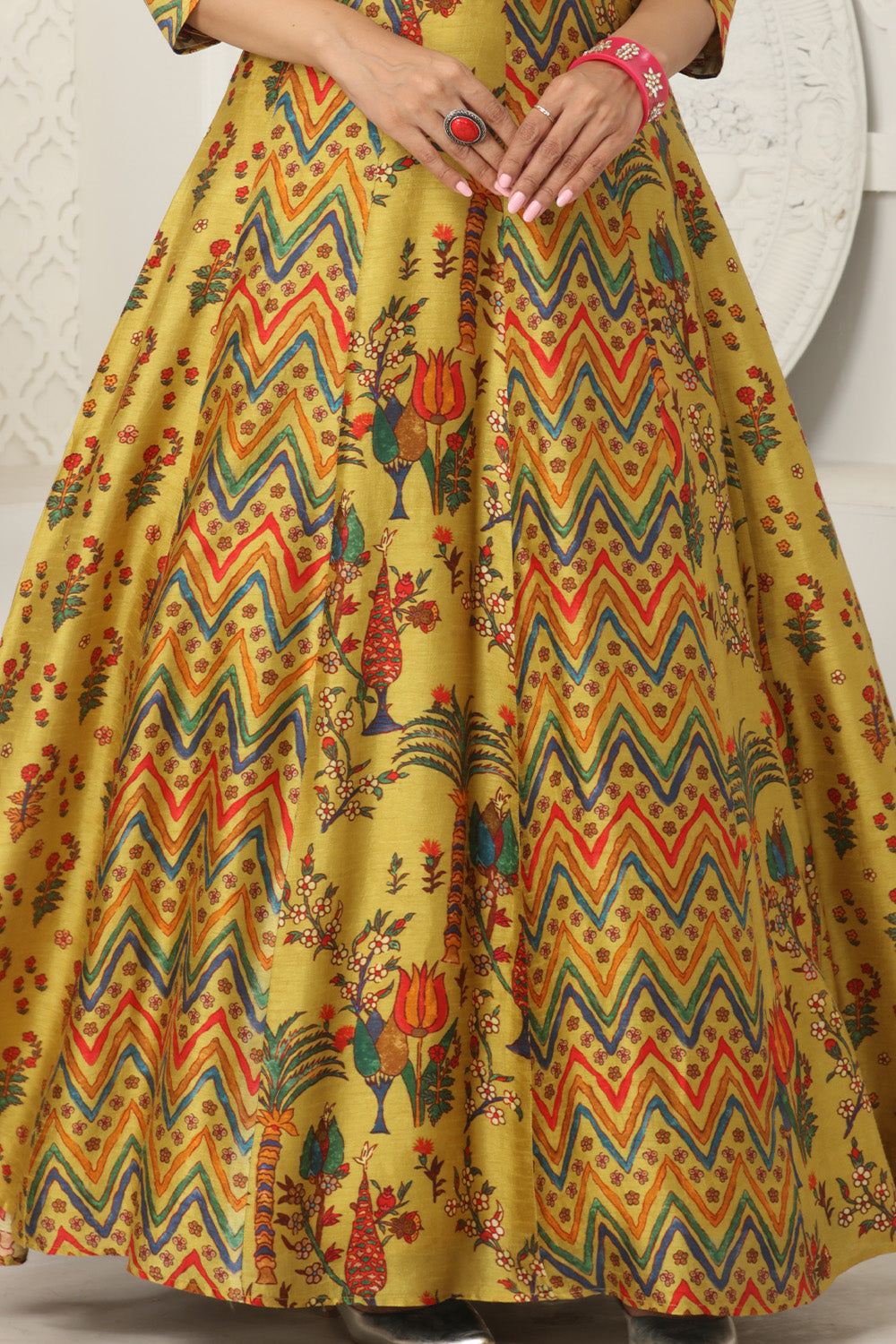 Mustard Color Silk Floral Printed & Neck Embroidered Anarkali Kurti