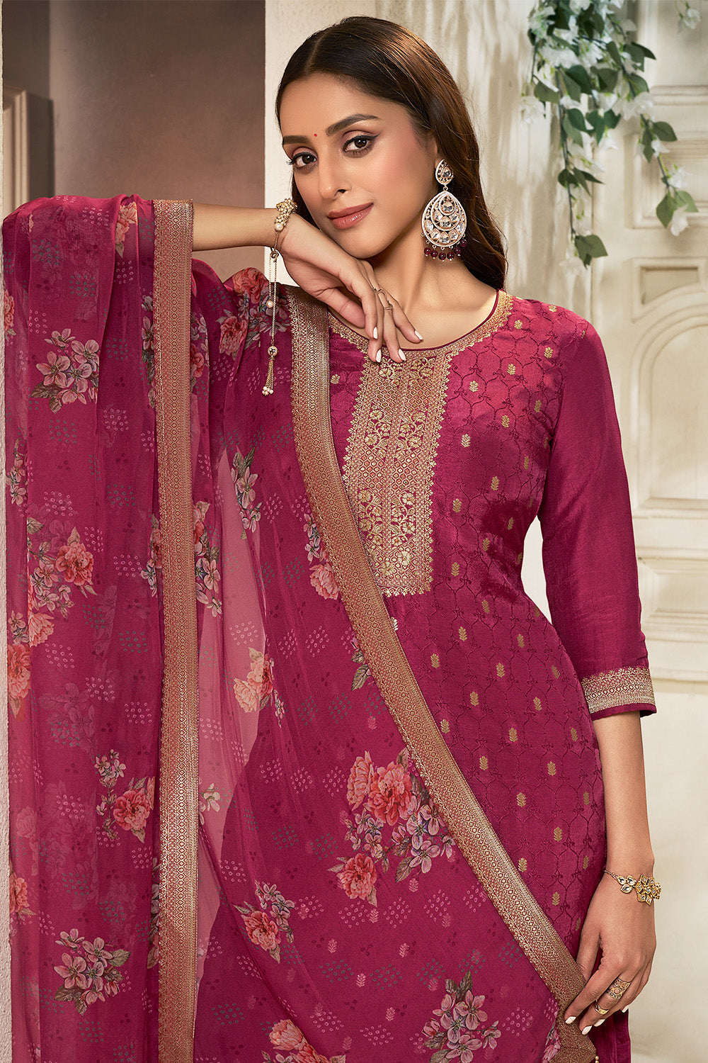 Maroon Color Silk Woven Straight Suit