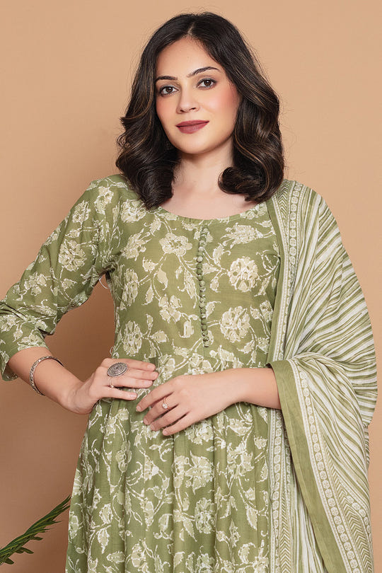 Sage Green Cotton Floral Printed Anarkali Suit