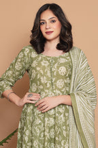 Sage Green Cotton Floral Printed Anarkali Suit