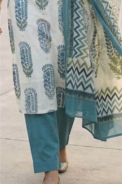 Cream And Blue Hand-Block Printed Cotton Suit