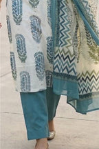 Cream And Blue Hand-Block Printed Cotton Suit