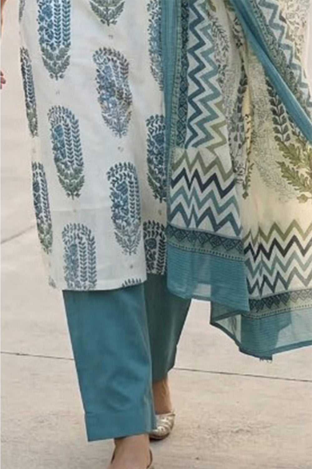 Cream And Blue Hand-Block Printed Cotton Suit