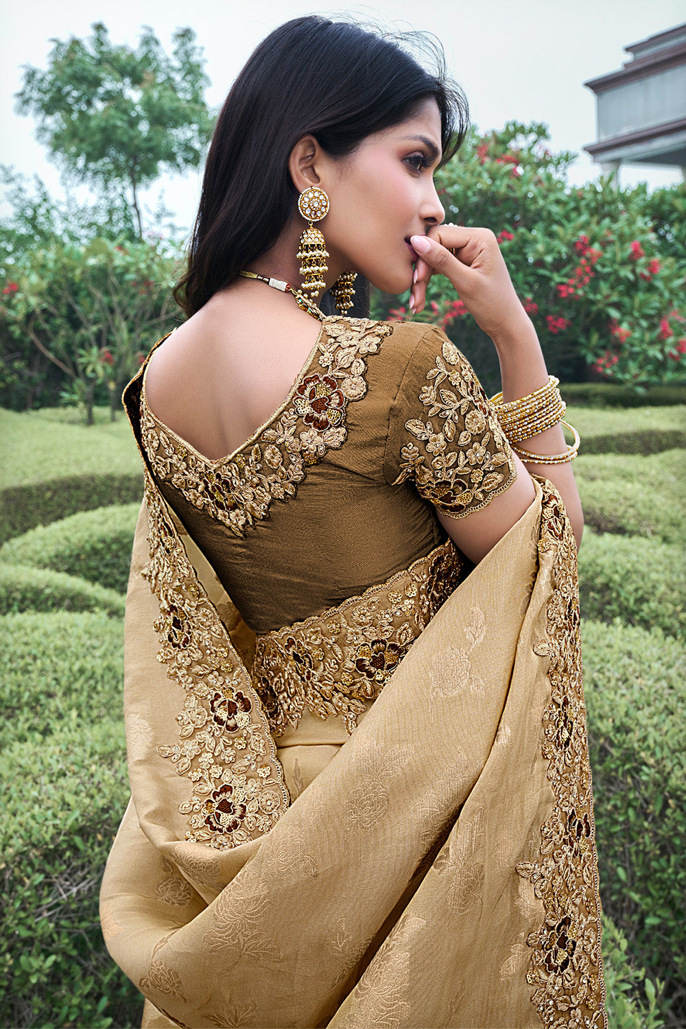 Beige & Brown Ombre Tissue Silk Embroidered Saree