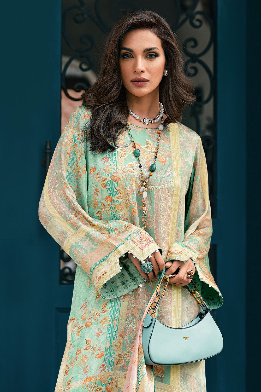 Mint Green Color Satin Floral Printed Unstitched Suit Material