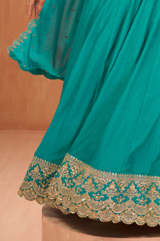 Light Sea Green Crepe Silk Zari and Sequins Embroidered Anarkali Suit