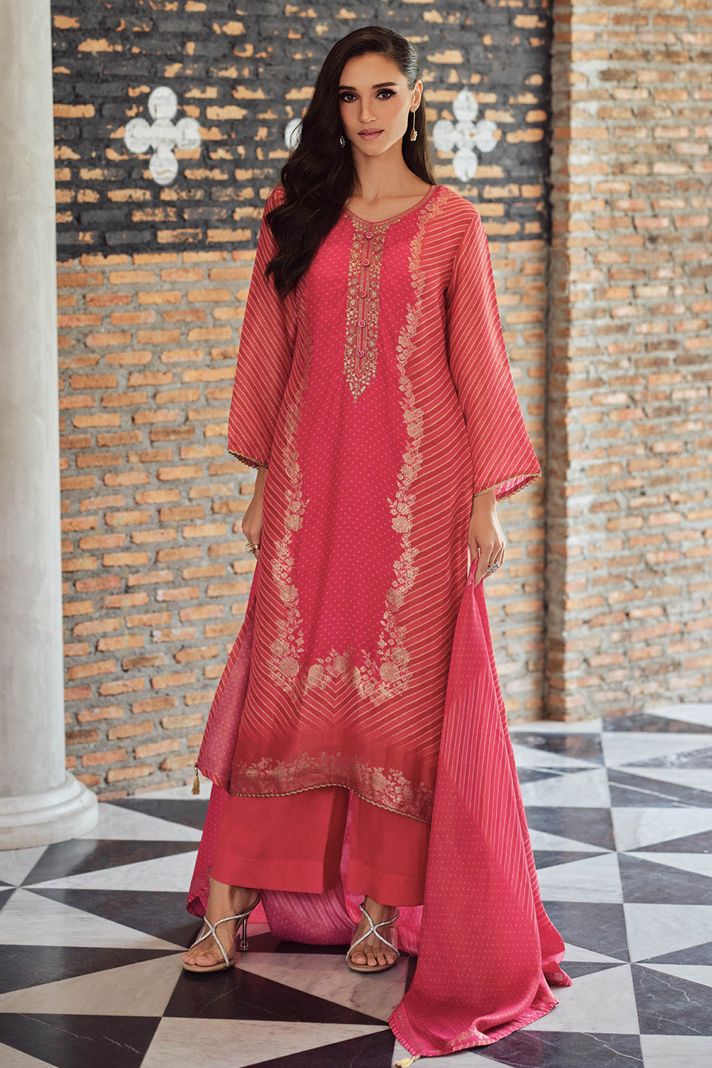 Cranberry Colour Crepe Silk Bandhani Printed, Embroidered And Zari Woven Unstitched Suit