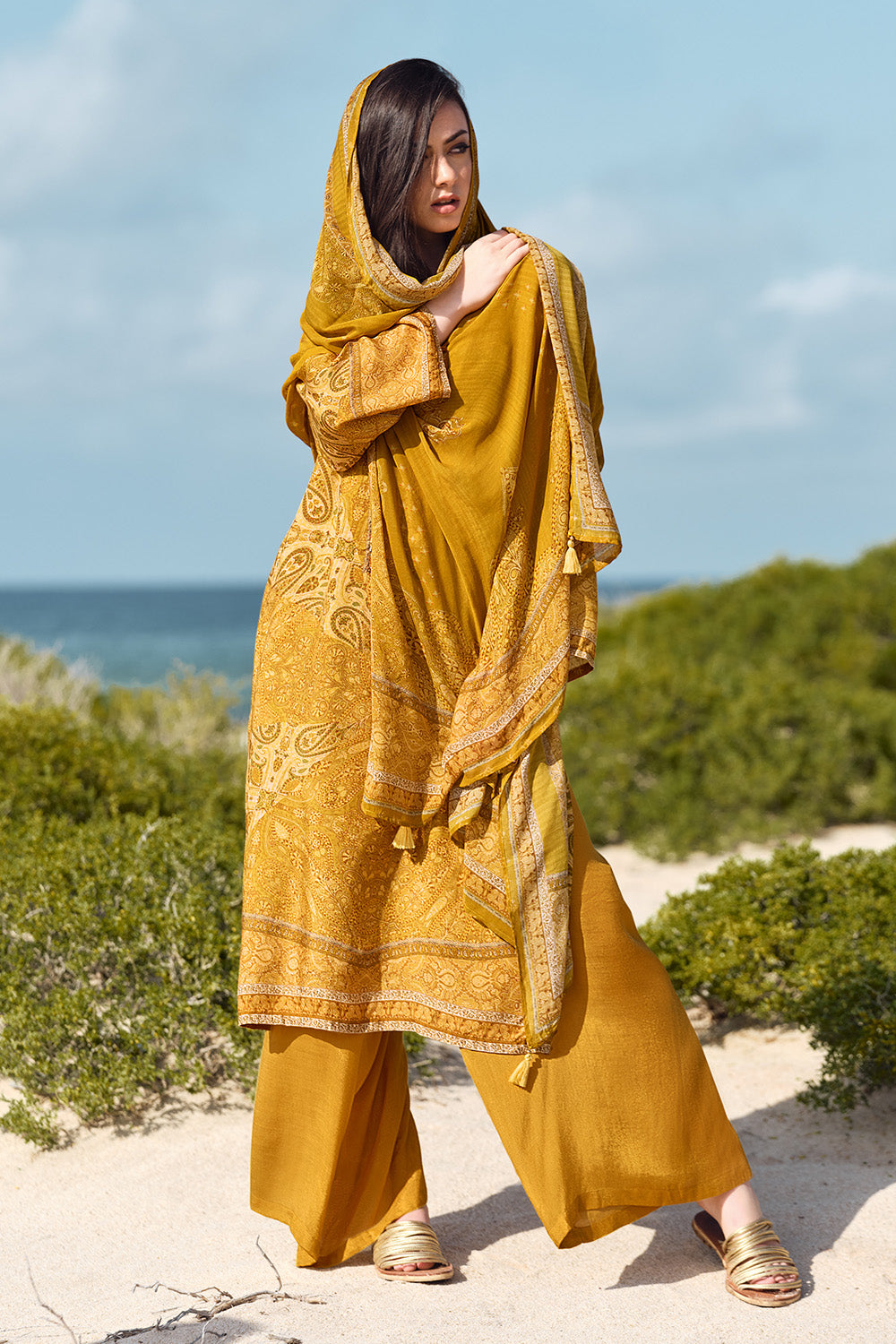 Mustard Color Printed Muslin Unstitched Suit