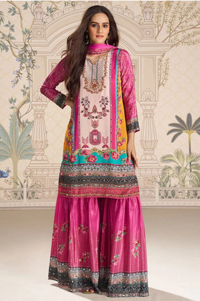 Magenta Crepe Silk Mirror And Swarovski Embroidered Printed Suit With Gharara