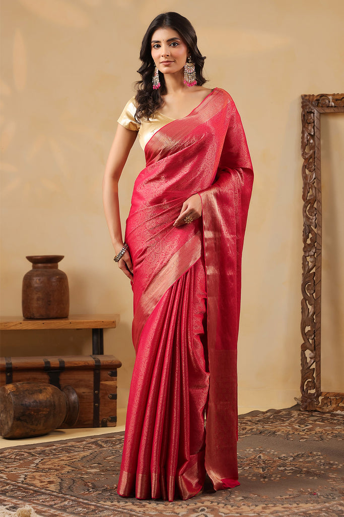 Rani Color Zari Woven Soft Silk Saree
