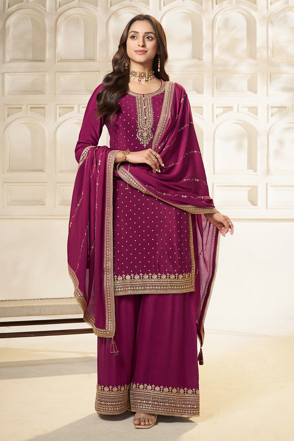 Wine Crepe Silk Zari Embroidered Suit With Embroidered Palazzo