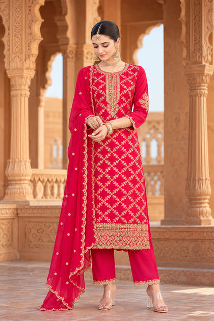 Red Crepe Silk Zari Woven And Embroidered Unstiched Suit Material