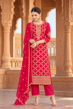 Red Crepe Silk Zari Woven And Embroidered Unstiched Suit Material