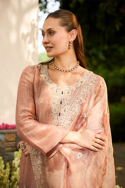 Light Peach Cut-Dana & Zari Emboidered Tissue Unstitched Suit Material