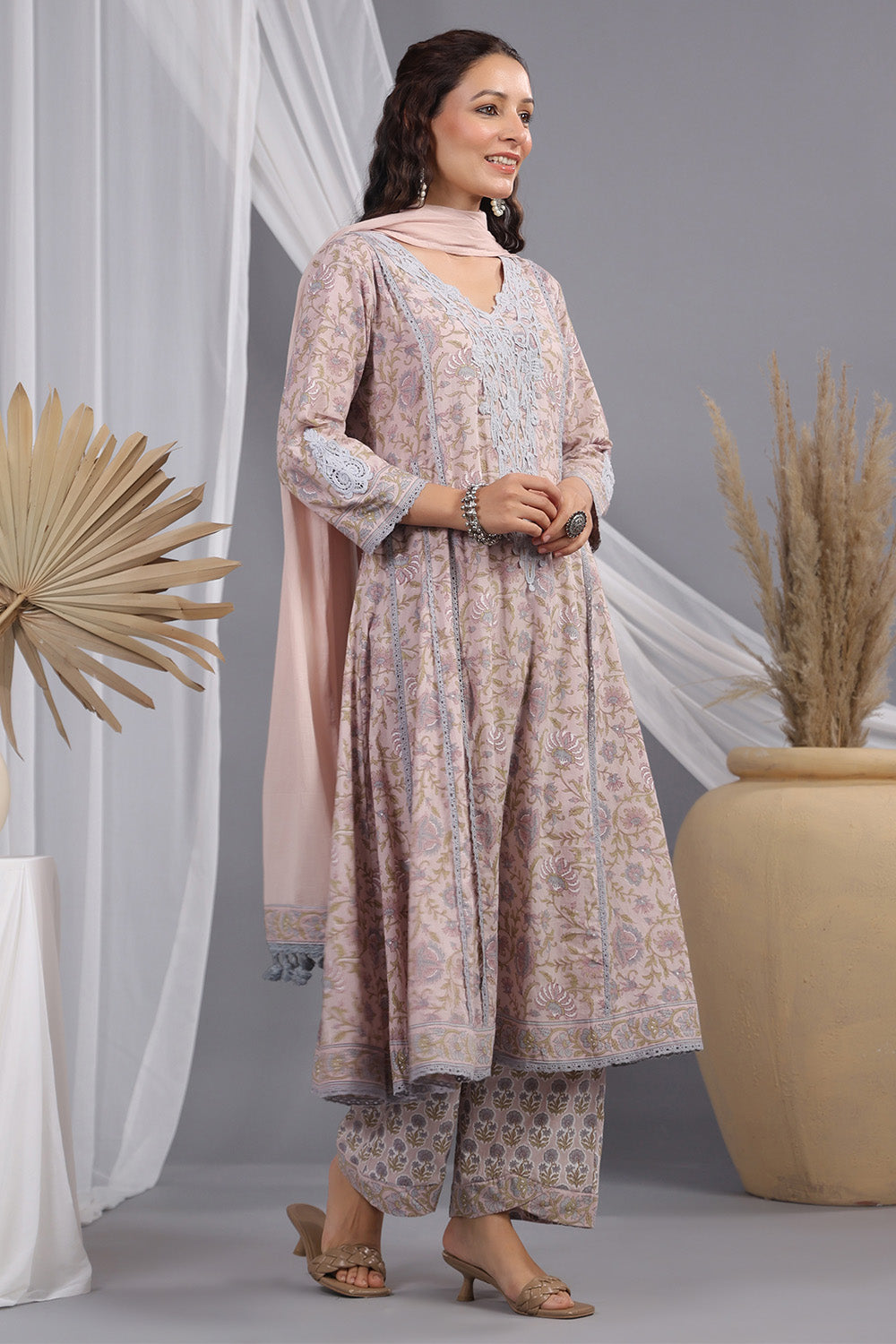 Dusty Peach Color Floral Printed & Lace Work Anarkali Suit