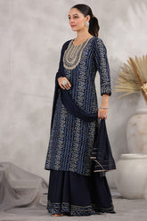 Navy Color Rayon Printed Suit With Sharara