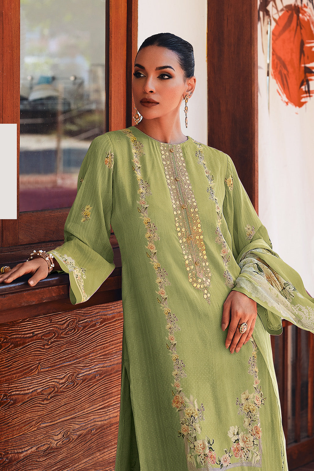 Green Color Crepe Silk Printed Unstitched Suit Material