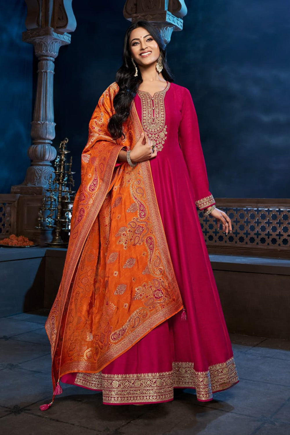Fuchsia Pink Color Anarkali Embroidered Silk Suit