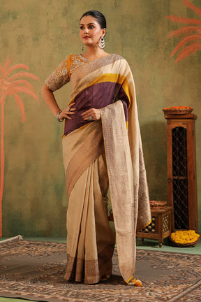 Beige & Mustard Pure Tussar Silk Woven And Embroidered Saree