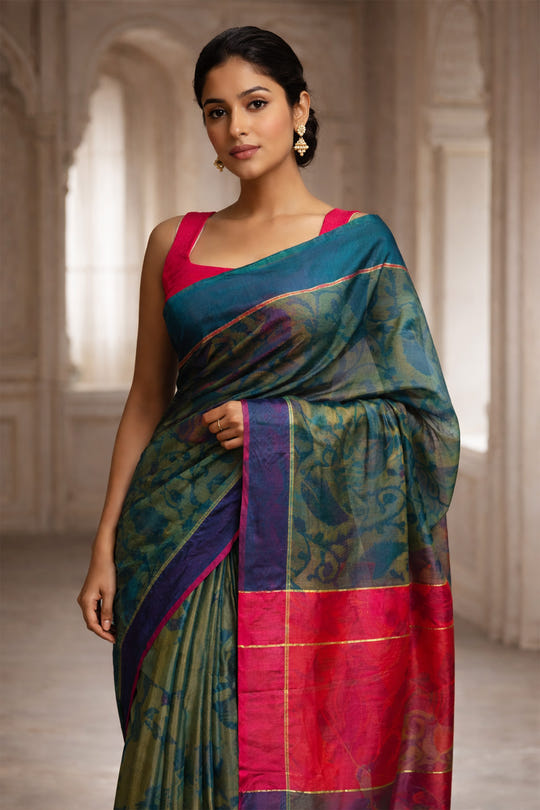 Green Chanderi Cotton Printes Saree