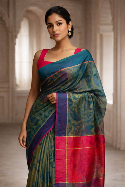 Green Chanderi Cotton Printes Saree
