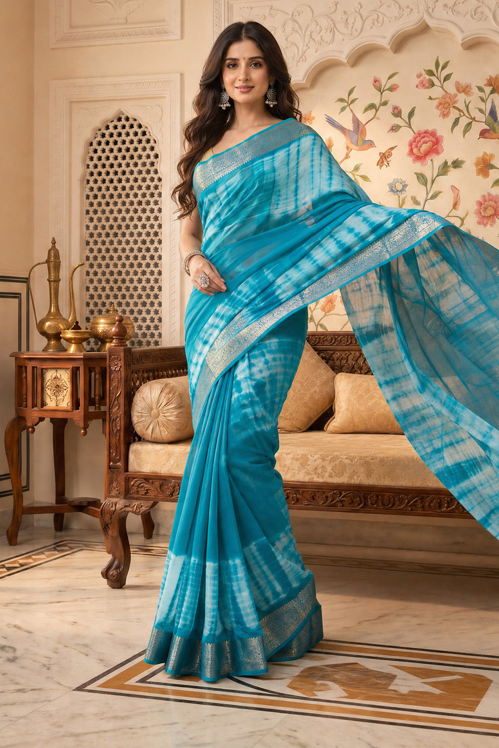 Turquoise Georgette Shibori Printed Saree